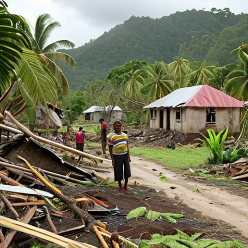 Home 4 **
A resilient Vanuatu village standing amidst the aftermath of a cyclone. Damaged houses are visible, but people are helping each other rebuild. Include lush, green tropical foliage in the background, showcasing the island's beauty despite the destruction. Emphasize community spirit and hope in the faces of the villagers.
**