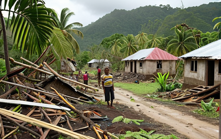 **
A resilient Vanuatu village standing amidst the aftermath of a cyclone. Damaged houses are visible, but people are helping each other rebuild. Include lush, green tropical foliage in the background, showcasing the island's beauty despite the destruction. Emphasize community spirit and hope in the faces of the villagers.
**