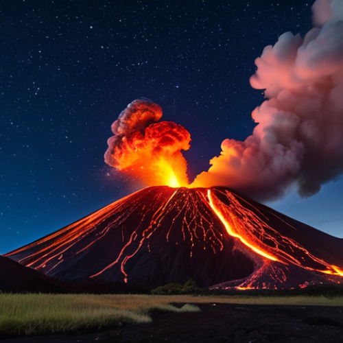 Home 18 A majestic Yasur Volcano eruption at night, Tanna Island, Vanuatu. Bright molten lava dramatically spewing against a dark, starry sky, with rising steam and ash clouds. The rugged volcanic landscape is illuminated by the powerful glow of the eruption. High quality, photorealistic, cinematic lighting, professional photography. safe for work, appropriate content, family-friendly, fully clothed, correct proportions, natural forms.