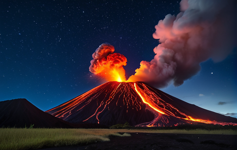 A majestic Yasur Volcano eruption at night, Tanna Island, Vanuatu. Bright molten lava dramatically spewing against a dark, starry sky, with rising steam and ash clouds. The rugged volcanic landscape is illuminated by the powerful glow of the eruption. High quality, photorealistic, cinematic lighting, professional photography. safe for work, appropriate content, family-friendly, fully clothed, correct proportions, natural forms.