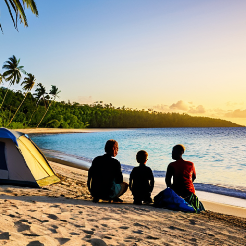 Home 17 Vanuatu Beach Camping at Sunset**
"A fully clothed family enjoys a safe for work beach camping scene in Vanuatu at sunset, Efate Island, palm trees, modest clothing, appropriate attire, well-formed hands, perfect anatomy, correct proportions, golden hour lighting, family-friendly, high-quality photography."
**