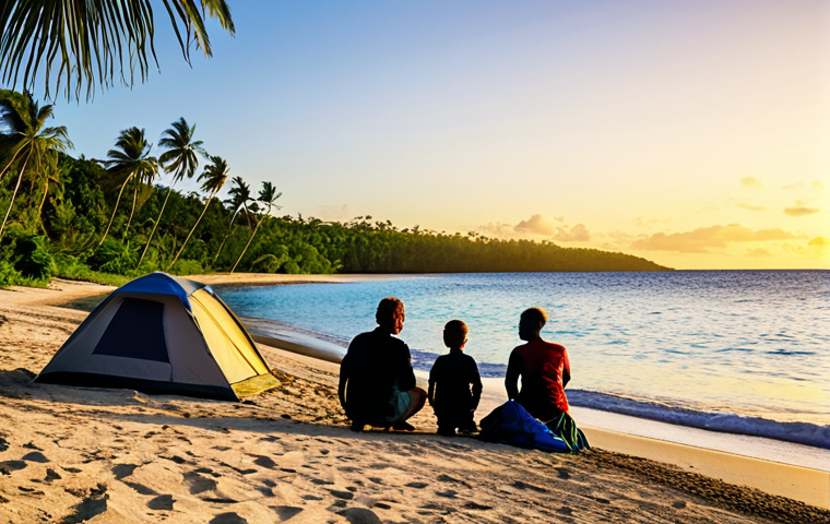 Vanuatu Beach Camping at Sunset**
"A fully clothed family enjoys a safe for work beach camping scene in Vanuatu at sunset, Efate Island, palm trees, modest clothing, appropriate attire, well-formed hands, perfect anatomy, correct proportions, golden hour lighting, family-friendly, high-quality photography."
**