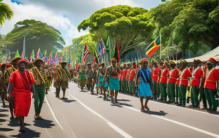바누아투 독립 과정 - **A vivid depiction of Port Vila during the Anglo-French Condominium era (pre-1980).** The scene sho...