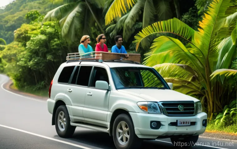바누아투에서 자동차 렌트 방법 - A vibrant, sunny daytime scene in Vanuatu. A mid-size, clean white SUV is confidently navigating a s...