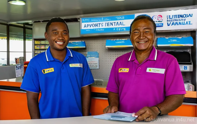 바누아투에서 자동차 렌트 방법 - A vibrant, sunny daytime scene in Vanuatu. A mid-size, clean white SUV is confidently navigating a s...