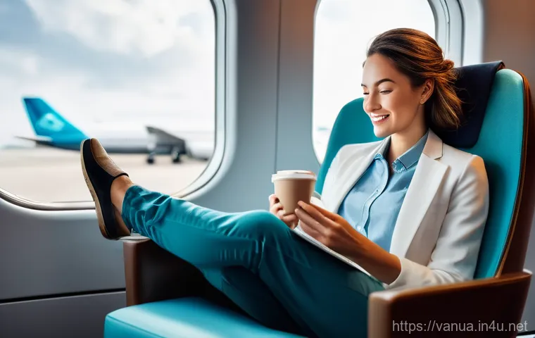 바누아투에서 한국으로 가는 항공편 - A female traveler in her late 20s, dressed in comfortable yet stylish travel attire, is relaxing in ...