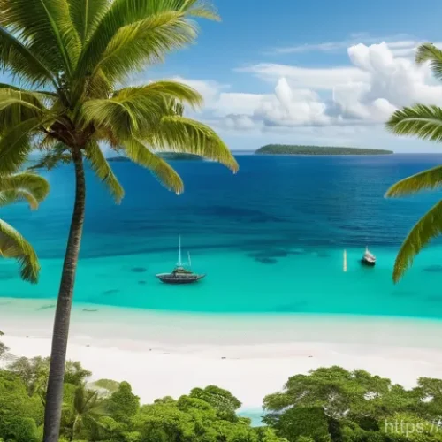 Home 23 바누아투에서의 생활비 - A beautiful, serene aerial shot of Vanuatu's emerald green waters and white sand beaches, with lush ...