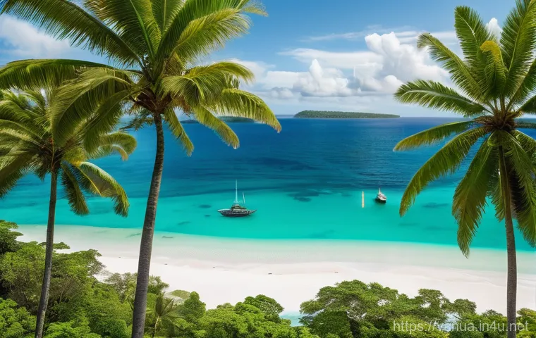 바누아투에서의 생활비 - A beautiful, serene aerial shot of Vanuatu's emerald green waters and white sand beaches, with lush ...