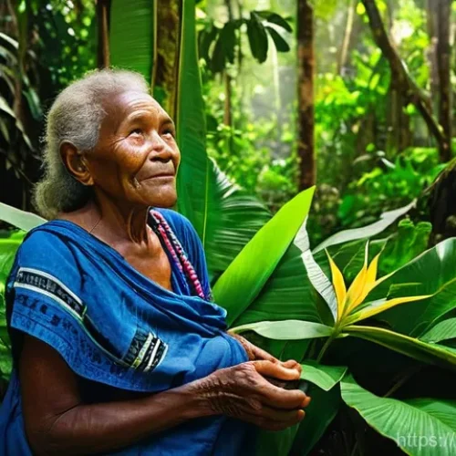 Home 21 바누아투에서의 전통적인 약초 사용법 - A serene portrait of an indigenous Vanuatu elder, with kind eyes and weathered hands, gently tending...
