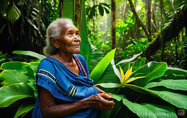 바누아투에서의 전통적인 약초 사용법 - A serene portrait of an indigenous Vanuatu elder, with kind eyes and weathered hands, gently tending...