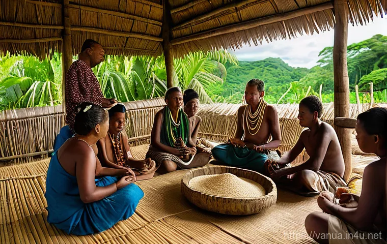 바누아투에서의 전통적인 약초 사용법 - A serene portrait of an indigenous Vanuatu elder, with kind eyes and weathered hands, gently tending... 바누아투에서의 전통적인 약초 사용법 - A serene portrait of an indigenous Vanuatu elder, with kind eyes and weathered hands, gently tending...