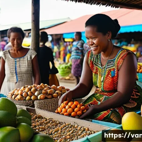Home 7 바누아투에서 조개 화폐 사용 여부 - A vibrant outdoor market scene in Vanuatu, depicting a harmonious blend of traditional and modern li...