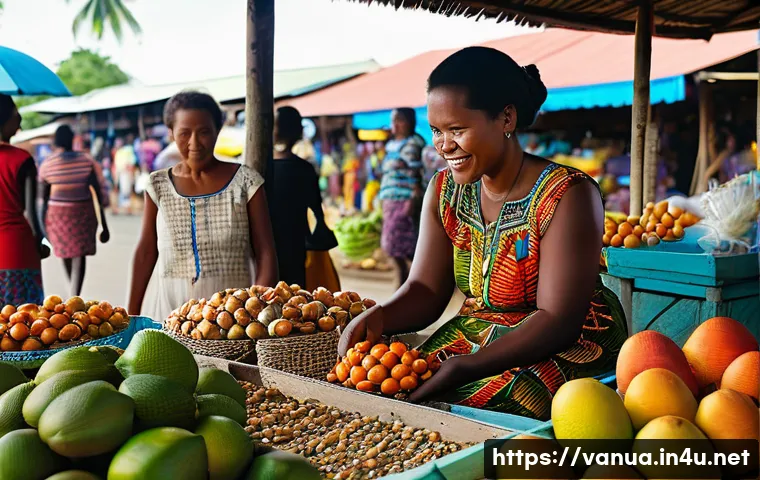 바누아투에서 조개 화폐 사용 여부 - A vibrant outdoor market scene in Vanuatu, depicting a harmonious blend of traditional and modern li...
